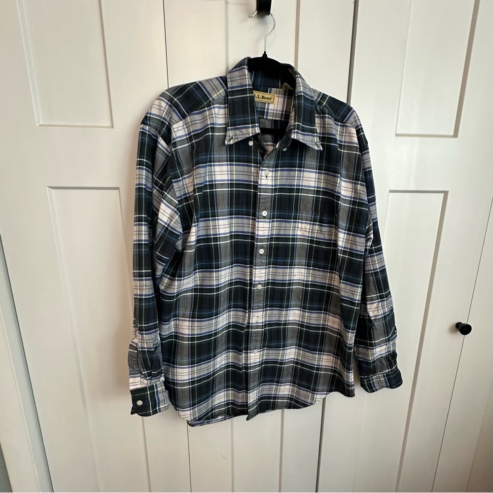 L.L. Bean Navy and Green Plaid Button-Down Shirt
